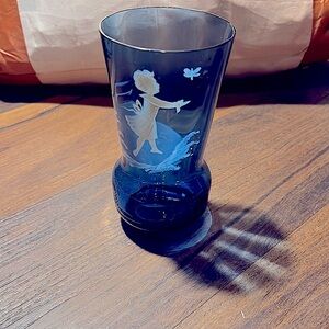 Mary Gregory Blue Vase Enameled girl chasing butterfly With Ball Vintage Decor